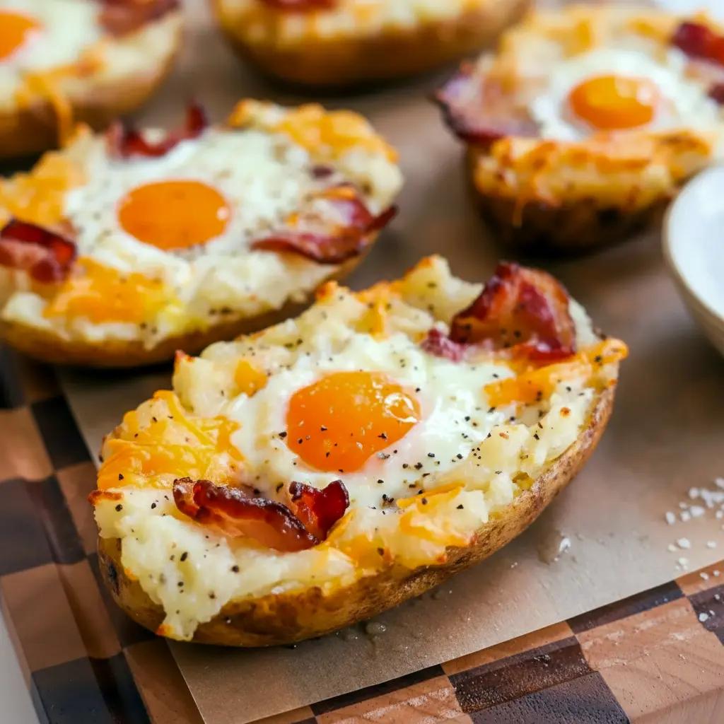 Breakfast To Impress: close-up of a twice-baked potato halved, filled with cheesy mashed potato, a baked egg, and bacon bits, on a wooden board.
