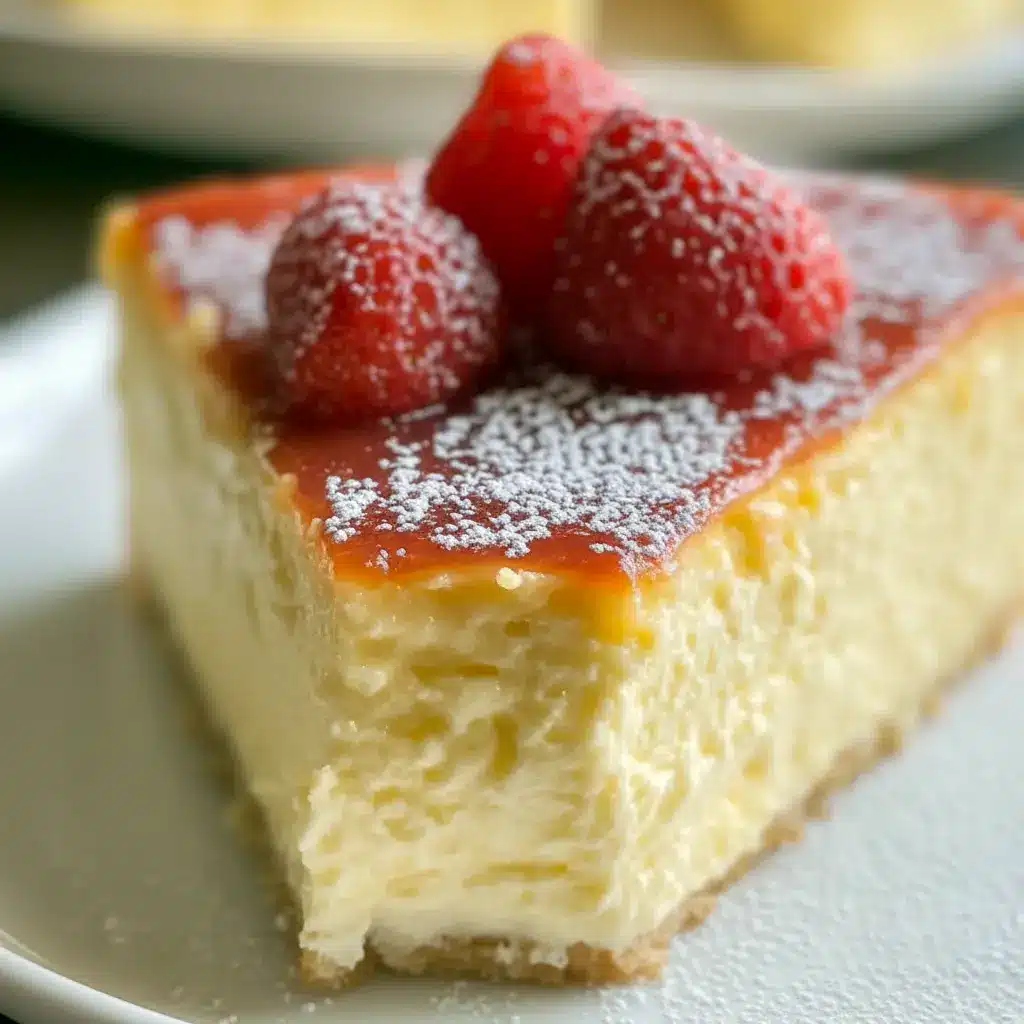 Creamy Yogurt Cake — close-up of a small golden cake with a caramelized top, sliced to show its soft, custardy interior, served with a light honey drizzle.