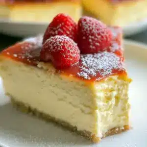Creamy Yogurt Cake — close-up of a small golden cake with a caramelized top, sliced to show its soft, custardy interior, served with a light honey drizzle.