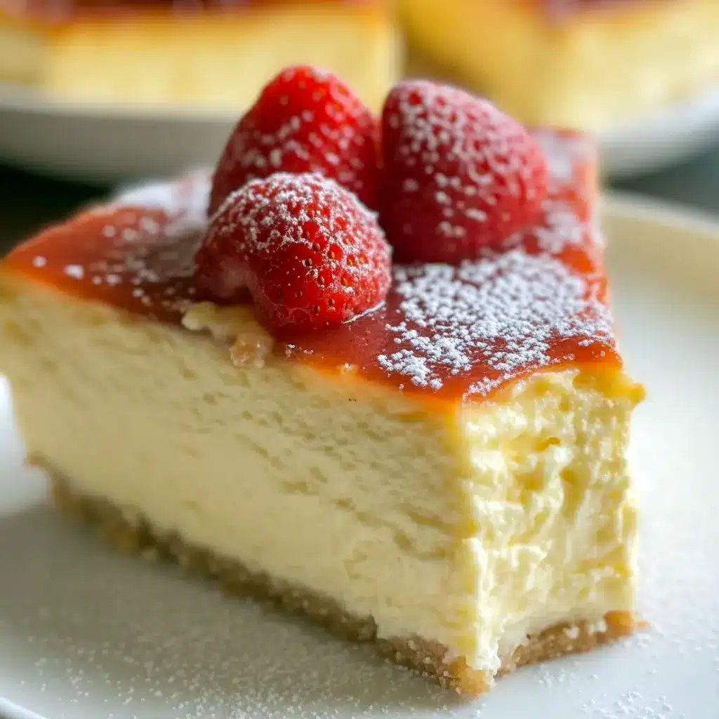 Creamy Yogurt Cake — close-up of a small golden cake with a caramelized top, sliced to show its soft, custardy interior, served with a light honey drizzle.