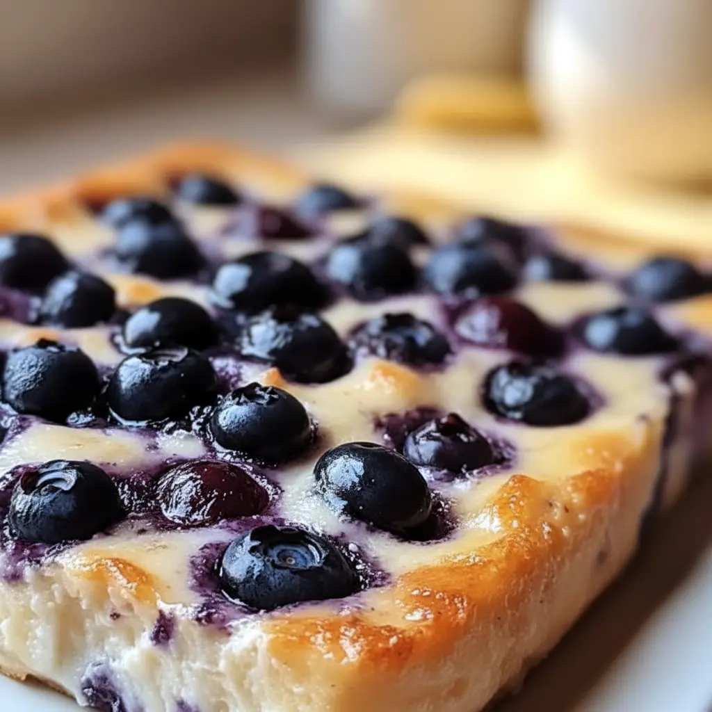 Blueberry Cottage Cheese Breakfast Bake — golden-topped casserole slice dotted with blueberries, showing a creamy, protein-rich interior.