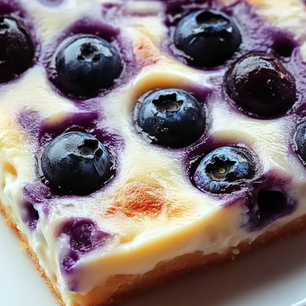 Blueberry Cottage Cheese Breakfast Bake — golden-topped casserole slice dotted with blueberries, showing a creamy, protein-rich interior.
