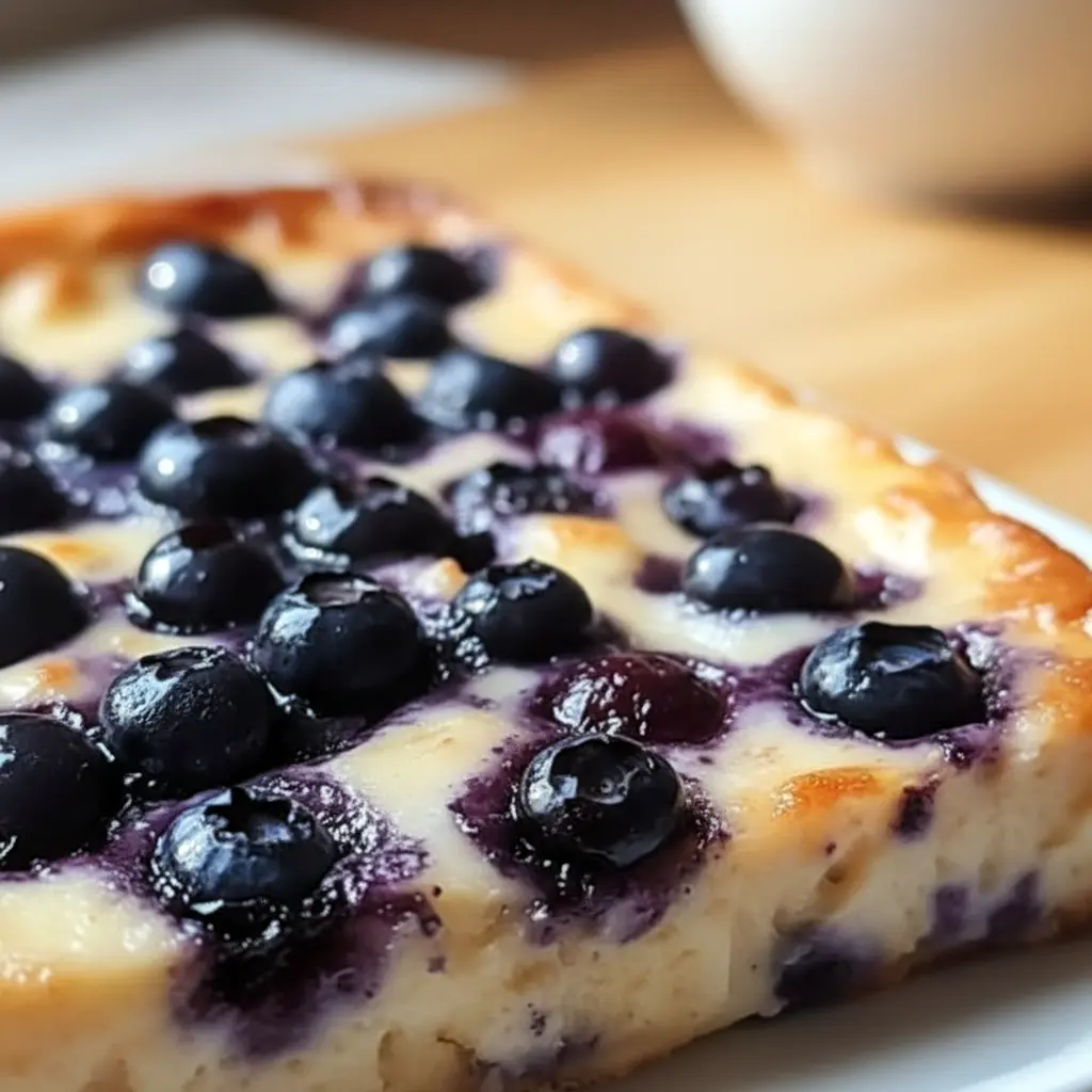 Blueberry Cottage Cheese Breakfast Bake — golden-topped casserole slice dotted with blueberries, showing a creamy, protein-rich interior.
