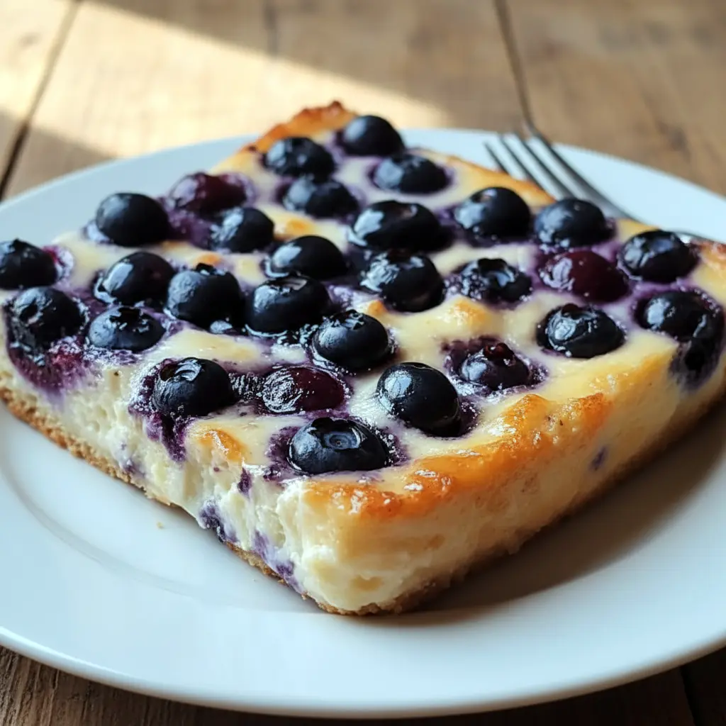 Blueberry Cottage Cheese Breakfast Bake — golden-topped casserole slice dotted with blueberries, showing a creamy, protein-rich interior.