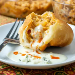 Buffalo Chicken Bombs on a serving platter: golden-brown biscuit bombs split open to reveal spicy shredded chicken and melted cheese, with a bowl of blue cheese dressing and hot sauce beside them.