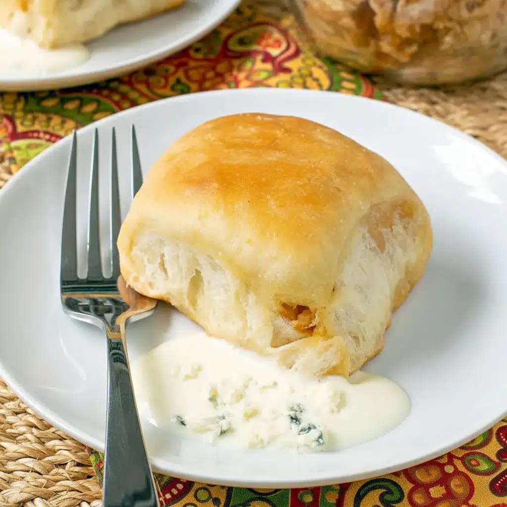 Buffalo Chicken Bombs on a serving platter: golden-brown biscuit bombs split open to reveal spicy shredded chicken and melted cheese, with a bowl of blue cheese dressing and hot sauce beside them.