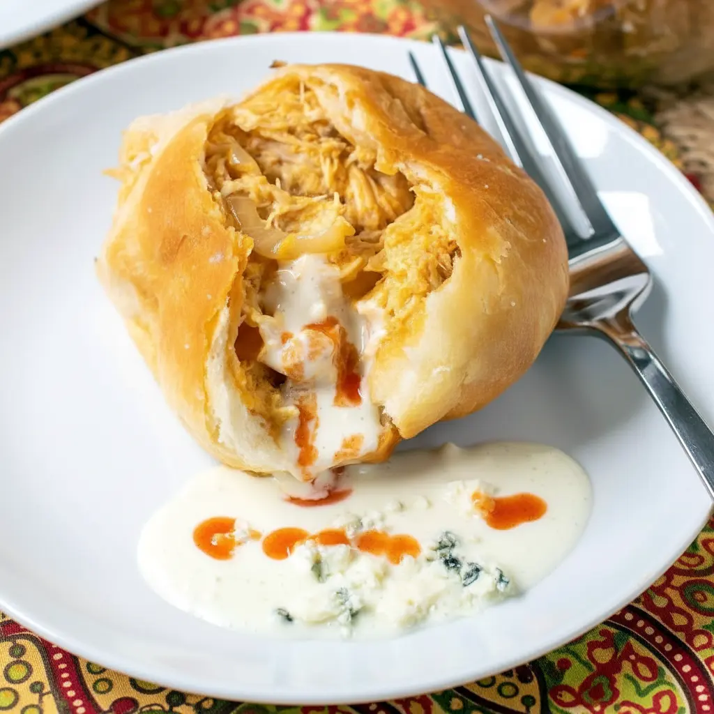 Buffalo Chicken Bombs on a serving platter: golden-brown biscuit bombs split open to reveal spicy shredded chicken and melted cheese, with a bowl of blue cheese dressing and hot sauce beside them.