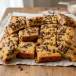 Chocolate Chip Banana Bars stacked on a plate with a soft, chewy texture and visible chocolate chips, showing a delicious Banana Chocolate Chip Bar Recipe for an easy homemade dessert.