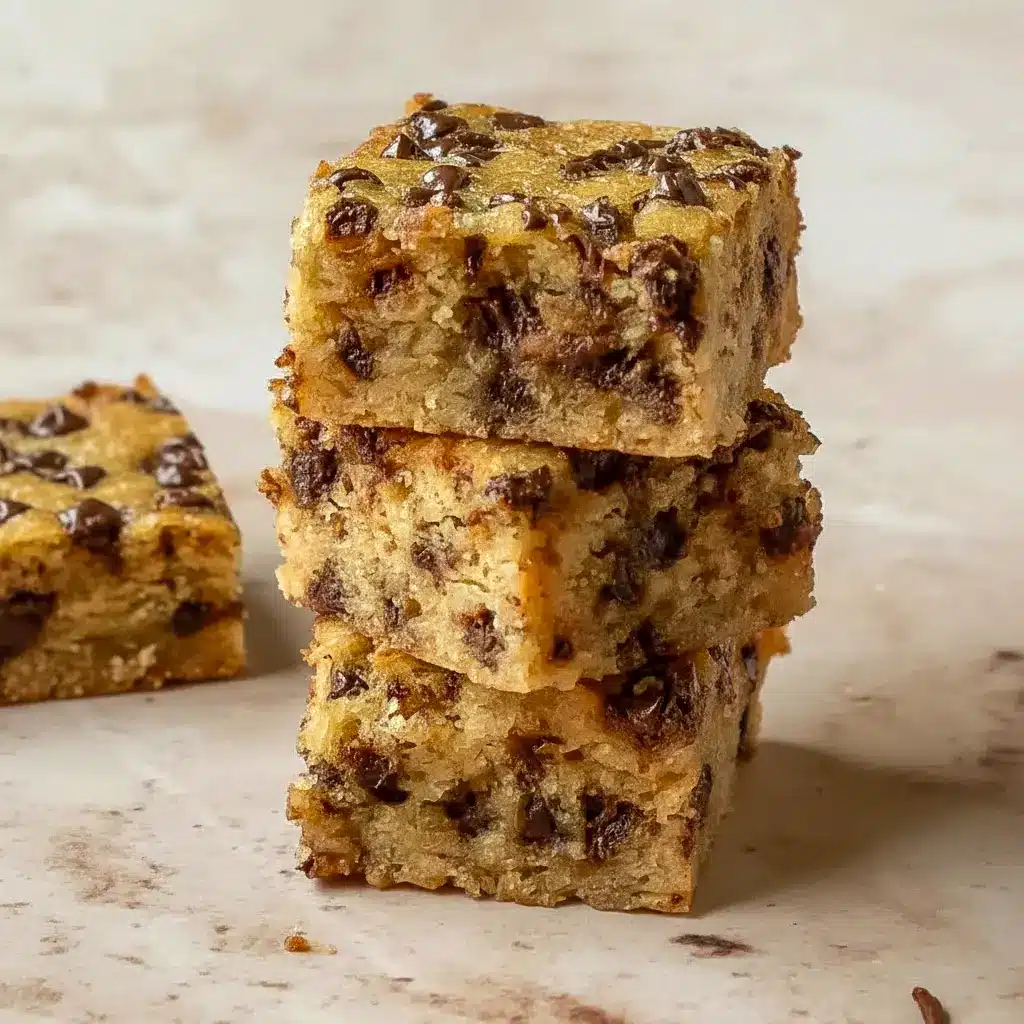 Chocolate Chip Banana Bars stacked on a plate with a soft, chewy texture and visible chocolate chips, showing a delicious Banana Chocolate Chip Bar Recipe for an easy homemade dessert.