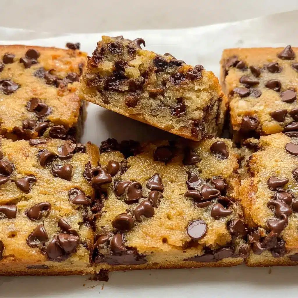 Chocolate Chip Banana Bars stacked on a plate with a soft, chewy texture and visible chocolate chips, showing a delicious Banana Chocolate Chip Bar Recipe for an easy homemade dessert.