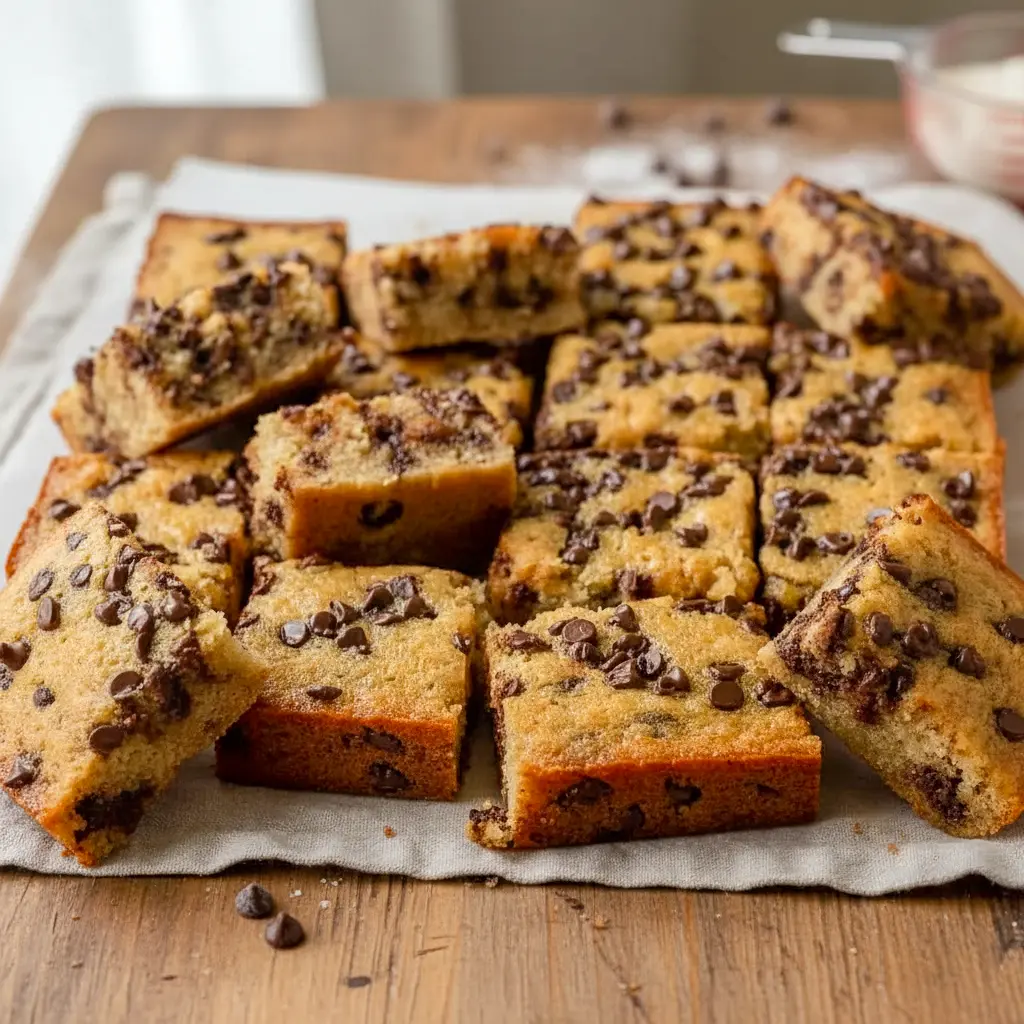 Chocolate Chip Banana Bars stacked on a plate with a soft, chewy texture and visible chocolate chips, showing a delicious Banana Chocolate Chip Bar Recipe for an easy homemade dessert.