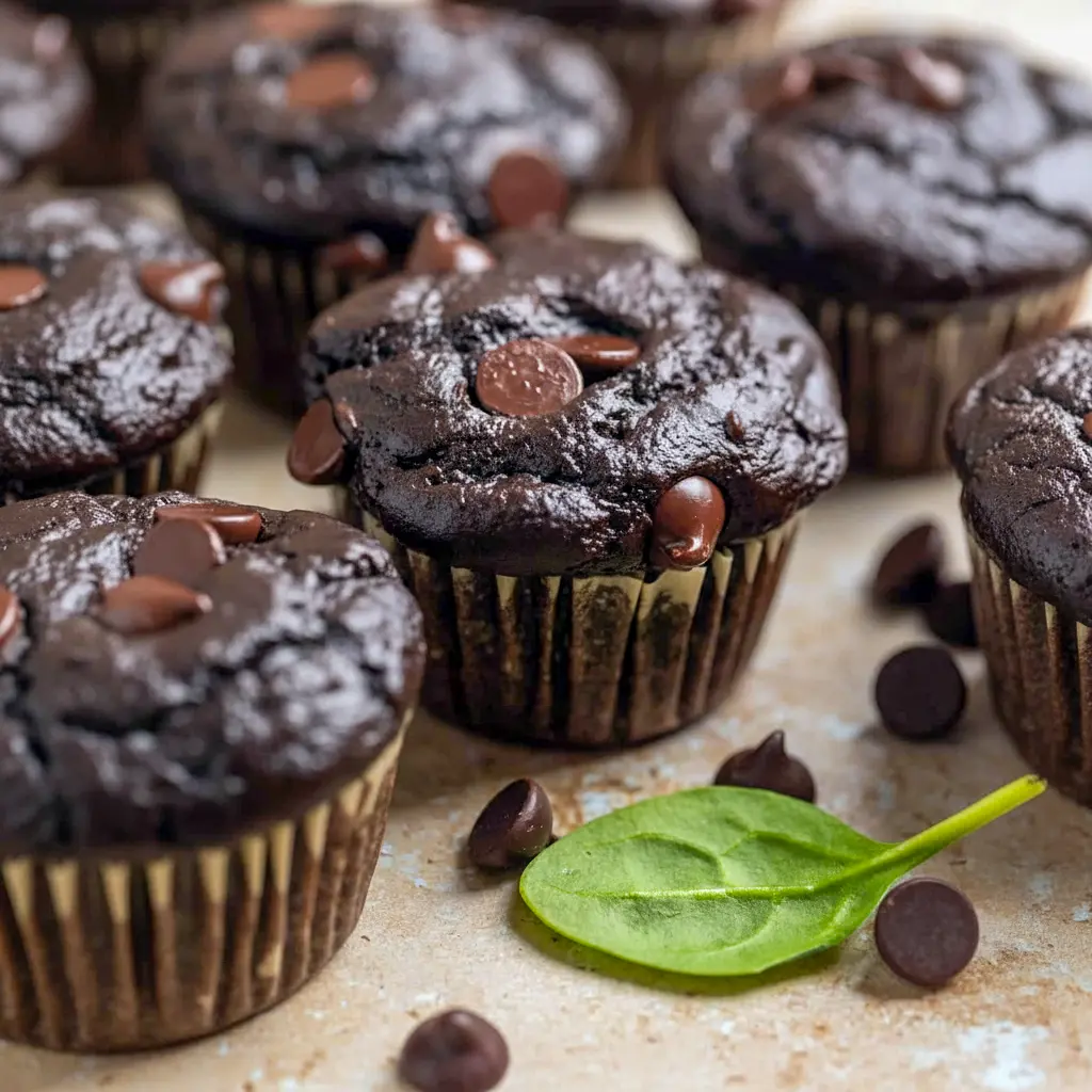 Chocolate Spinach Muffins: close-up of a moist chocolate muffin with chocolate chips, hiding spinach for a nutritious twist — great for Healthy Toddler Snack Ideas.