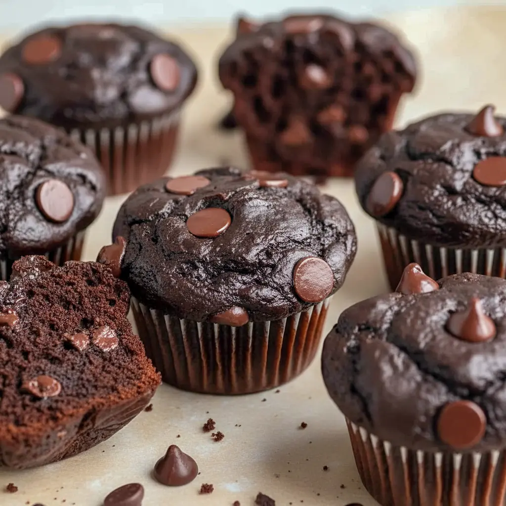 Chocolate Spinach Muffins: close-up of a moist chocolate muffin with chocolate chips, hiding spinach for a nutritious twist — great for Healthy Toddler Snack Ideas.