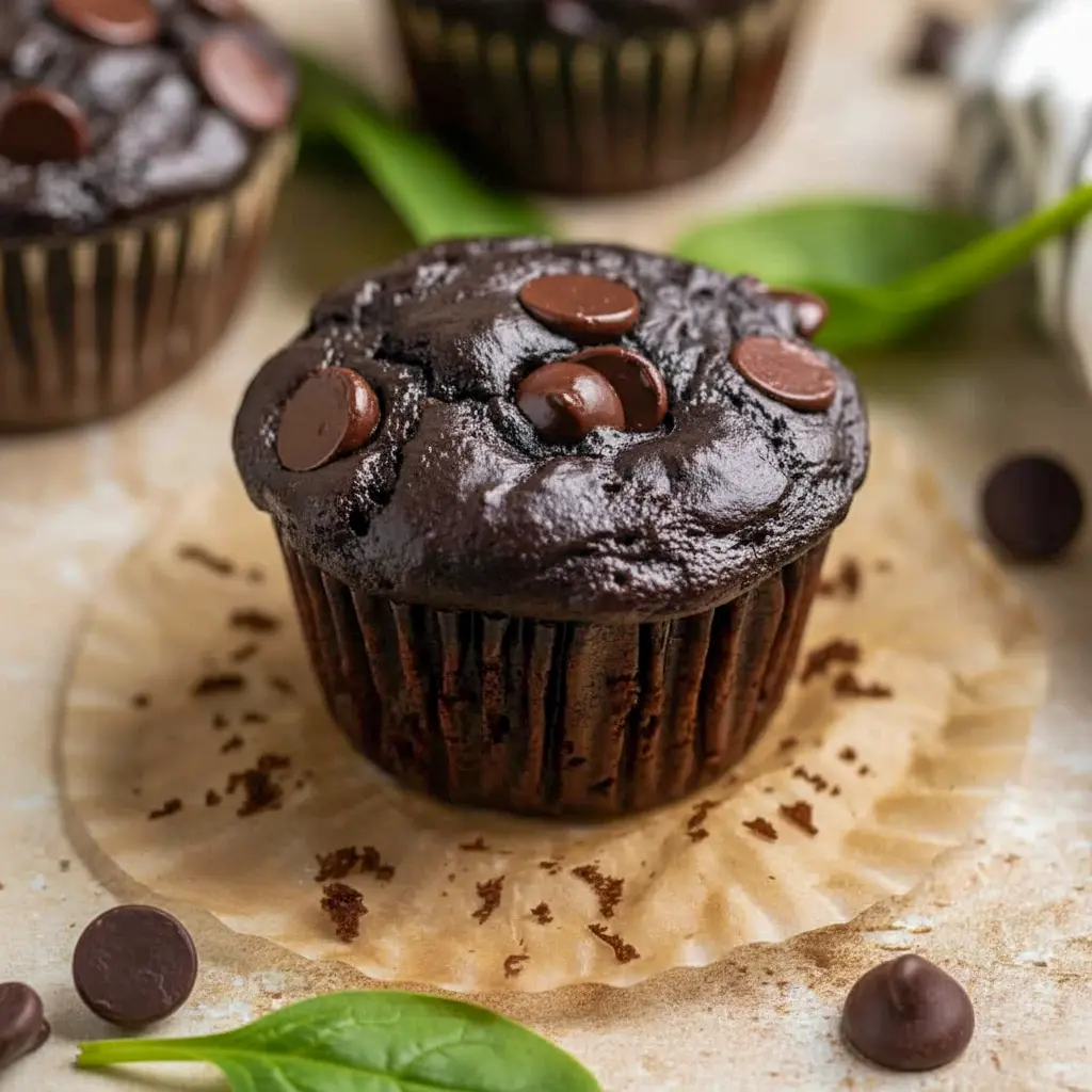 Chocolate Spinach Muffins: close-up of a moist chocolate muffin with chocolate chips, hiding spinach for a nutritious twist — great for Healthy Toddler Snack Ideas.