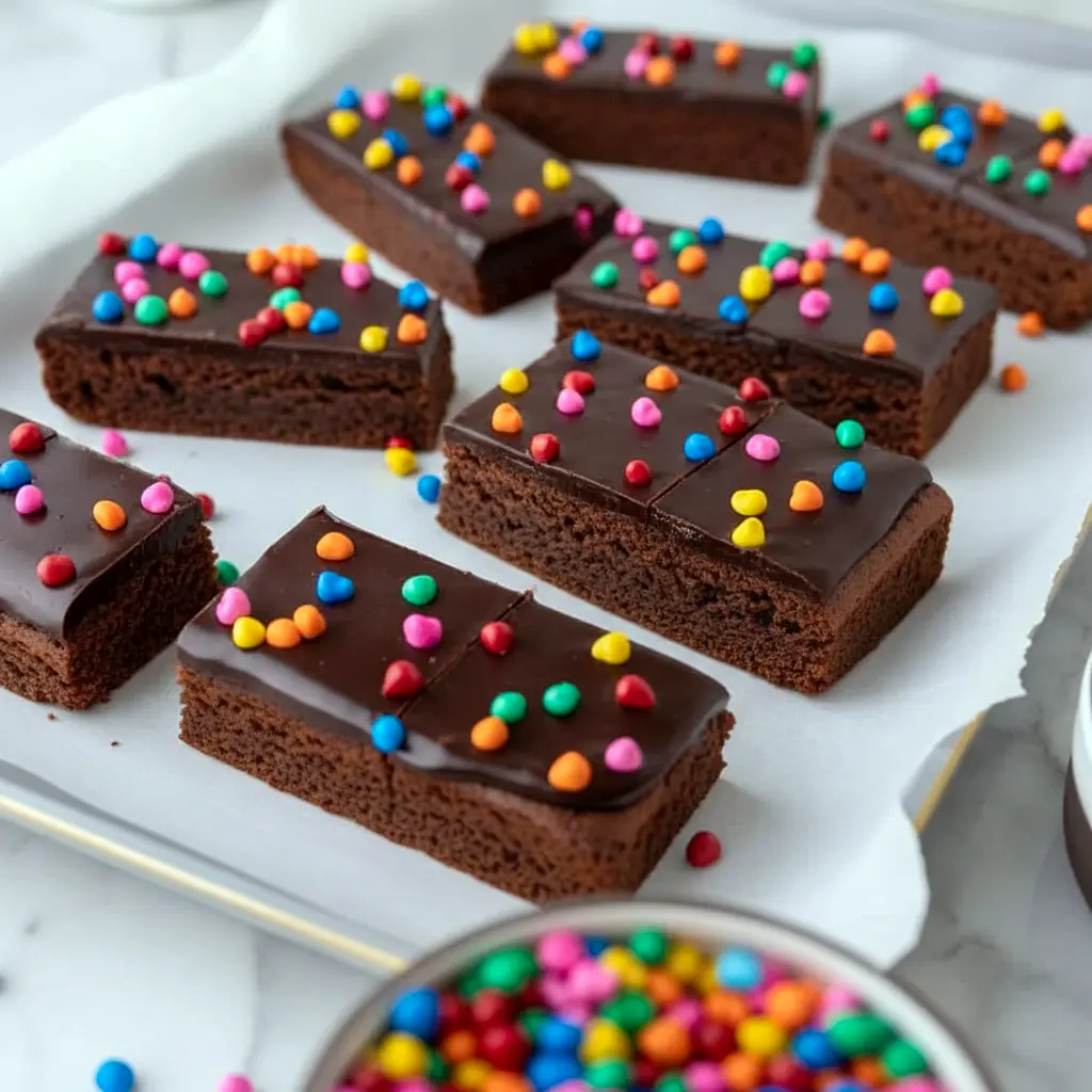 Cosmic Brownies topped with glossy ganache and colorful candy chips, styled as a rich Dessert To Bring or Quick Party Dessert.