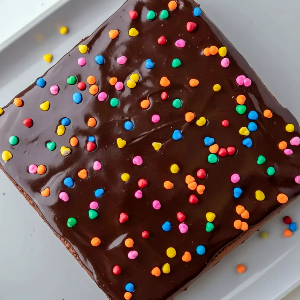 Cosmic Brownies topped with glossy ganache and colorful candy chips, styled as a rich Dessert To Bring or Quick Party Dessert.