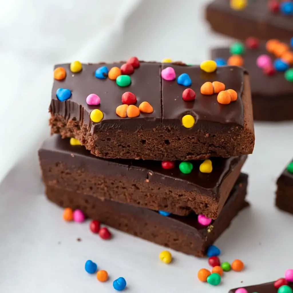 Cosmic Brownies topped with glossy ganache and colorful candy chips, styled as a rich Dessert To Bring or Quick Party Dessert.