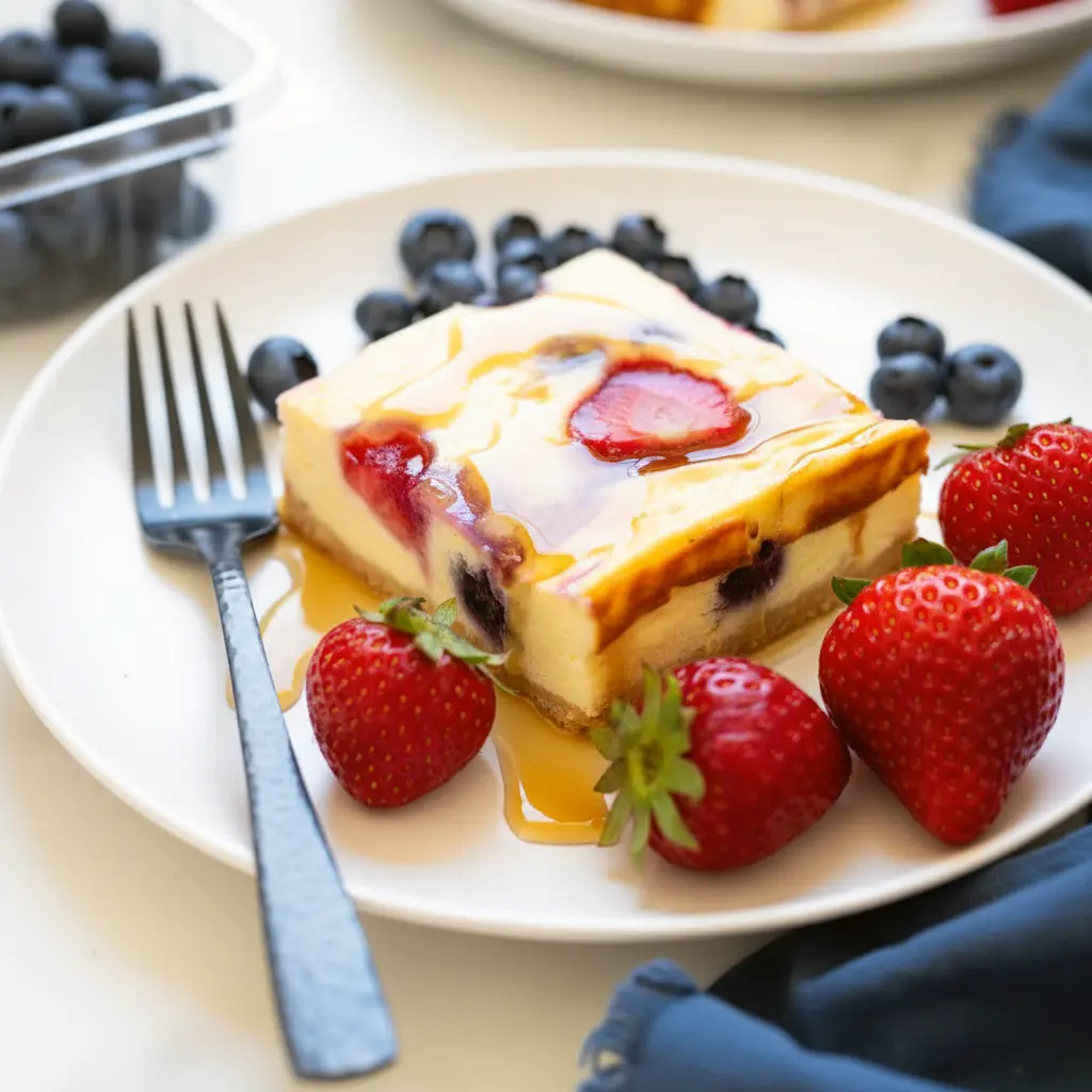 A slice of Baked Yogurt topped with fresh berries on a plate — a simple, sliceable example of Yogurt Baked Goods.