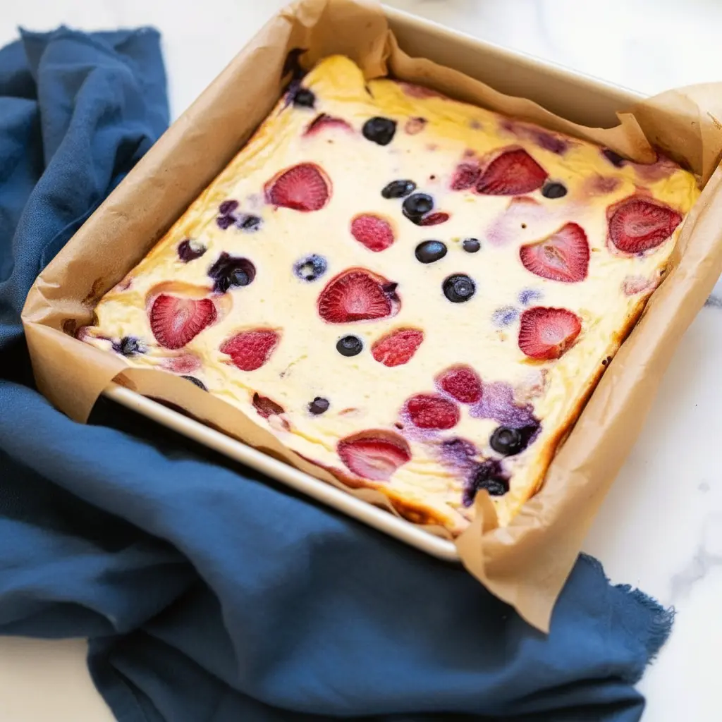 A slice of Baked Yogurt topped with fresh berries on a plate — a simple, sliceable example of Yogurt Baked Goods.