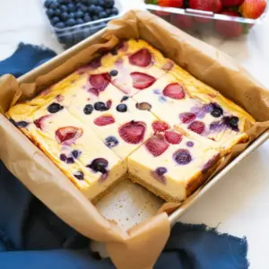 A slice of Baked Yogurt topped with fresh berries on a plate — a simple, sliceable example of Yogurt Baked Goods.