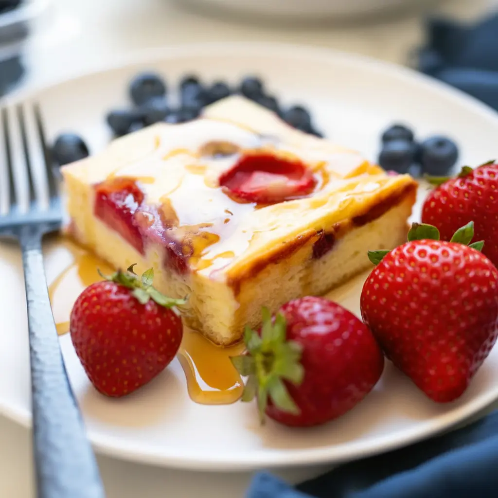 A slice of Baked Yogurt topped with fresh berries on a plate — a simple, sliceable example of Yogurt Baked Goods.