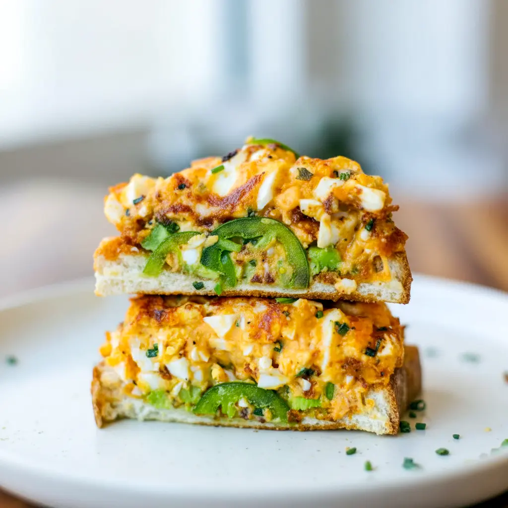 A slice of toast topped with Crispy Egg Salad, avocado, and jalapeño for a quick and satisfying lunch made with Healthy Recipes With Boiled Eggs.