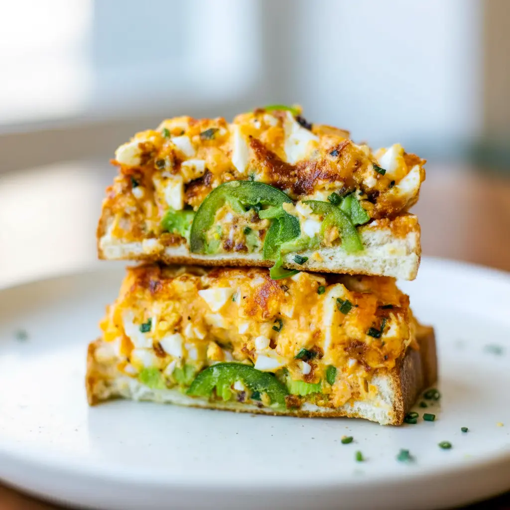 A slice of toast topped with Crispy Egg Salad, avocado, and jalapeño for a quick and satisfying lunch made with Healthy Recipes With Boiled Eggs.