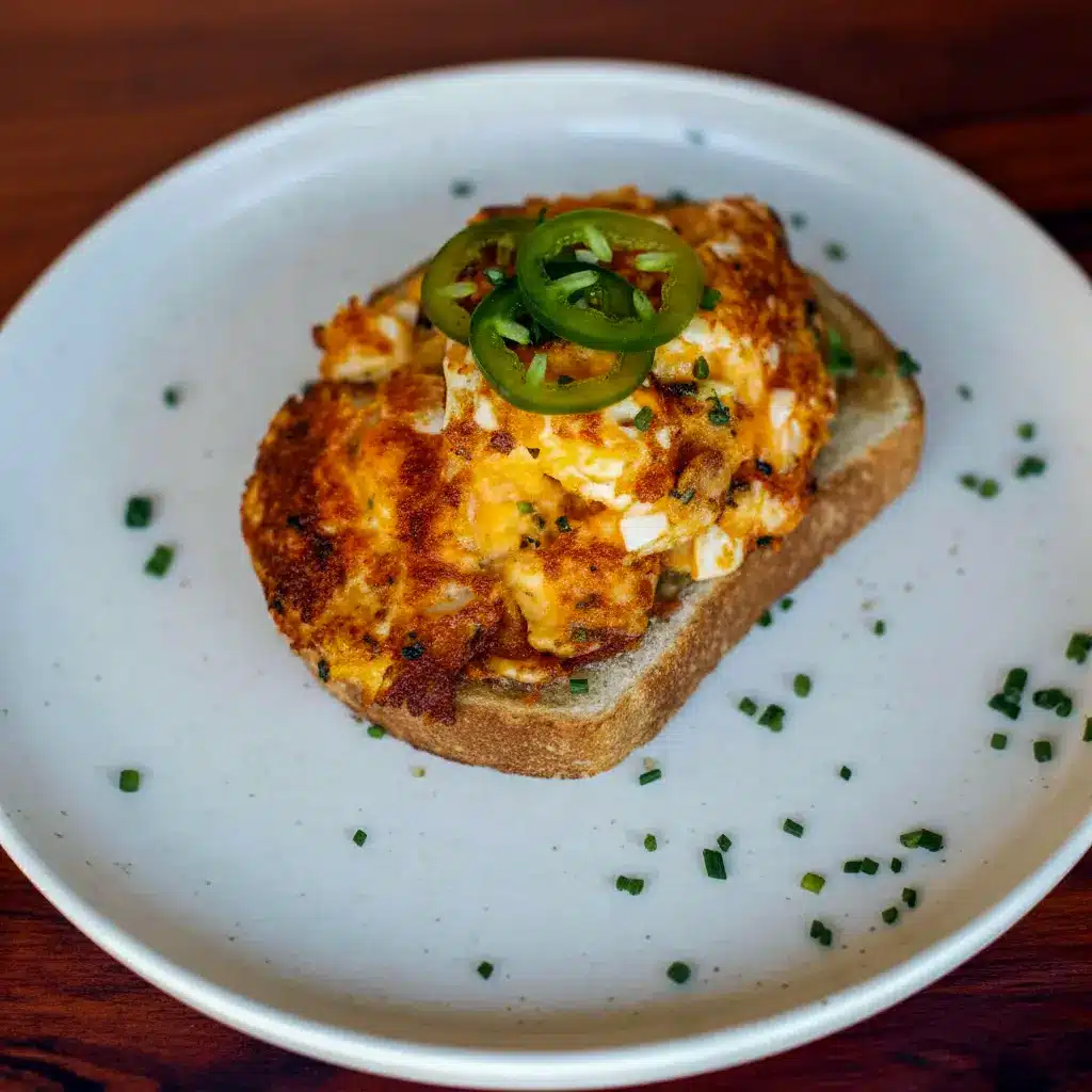 A slice of toast topped with Crispy Egg Salad, avocado, and jalapeño for a quick and satisfying lunch made with Healthy Recipes With Boiled Eggs.