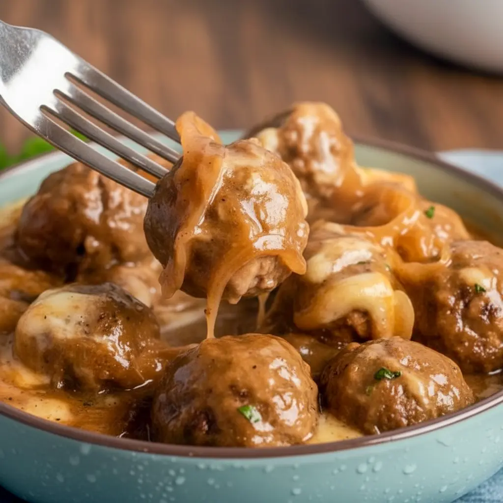 Crock Pot French Onion Meatballs topped with melted cheese in a slow cooker — perfect Crockpot Party Food Crowd Pleasers.
