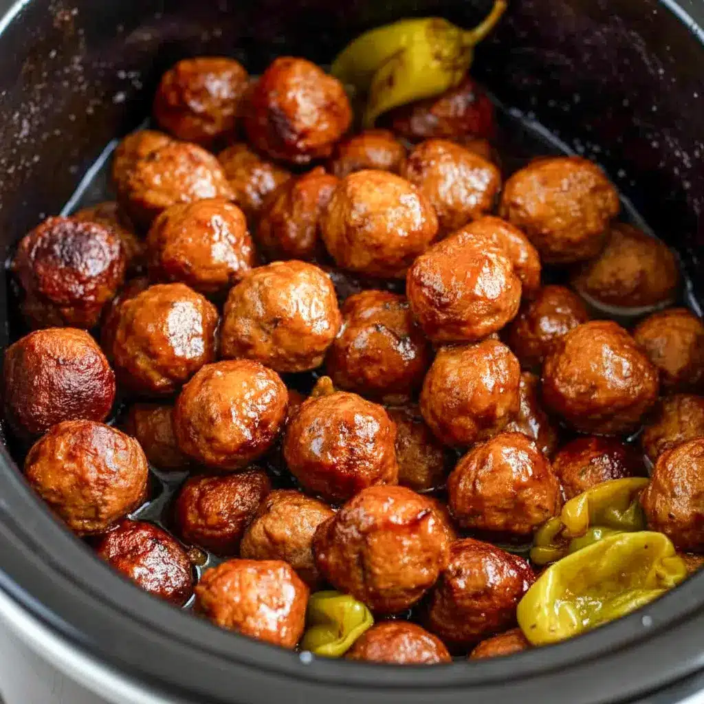 A serving of Crock Pot Mississippi Meatballs with glossy sauce and pepperoncini peppers, styled as Slow Cooker Mississippi Meatballs for an easy comfort food dinner.