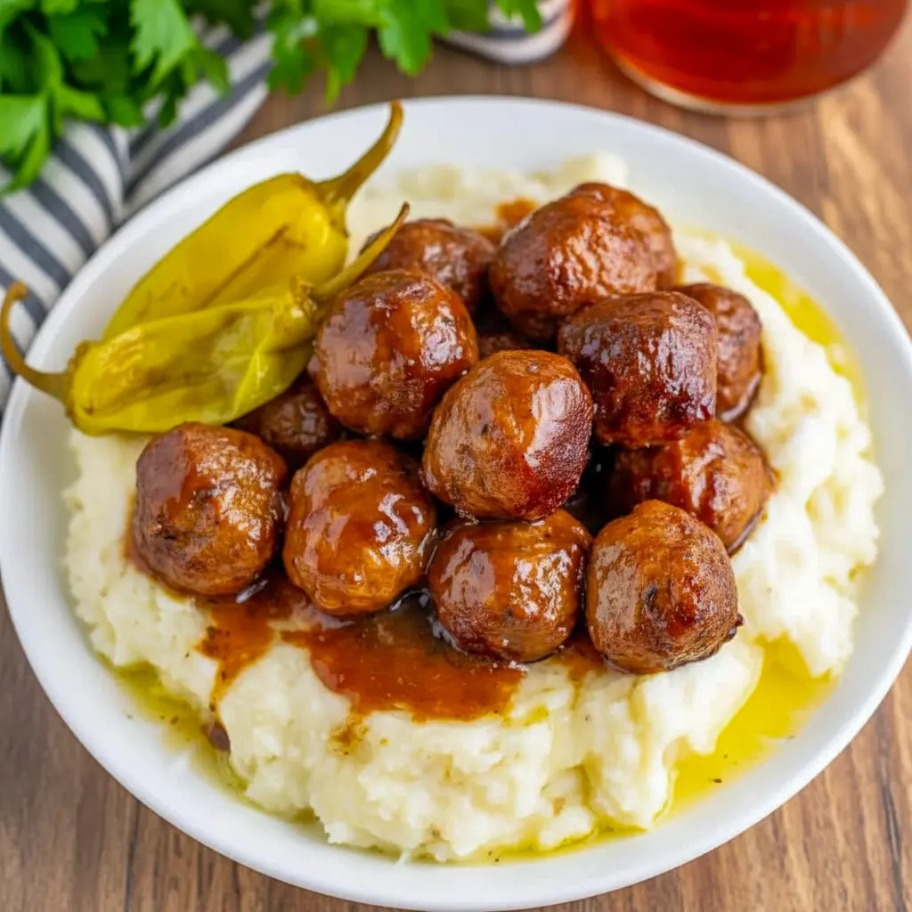 A serving of Crock Pot Mississippi Meatballs with glossy sauce and pepperoncini peppers, styled as Slow Cooker Mississippi Meatballs for an easy comfort food dinner.