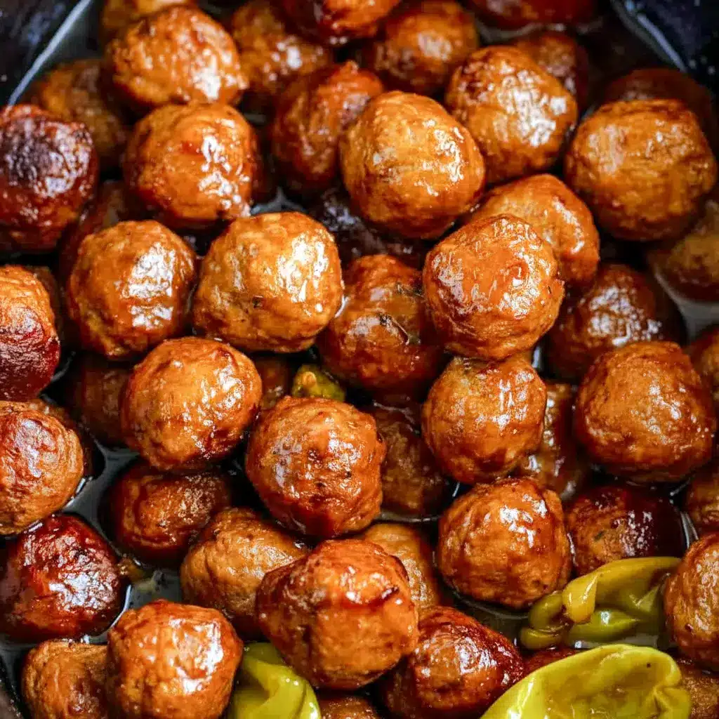 A serving of Crock Pot Mississippi Meatballs with glossy sauce and pepperoncini peppers, styled as Slow Cooker Mississippi Meatballs for an easy comfort food dinner.