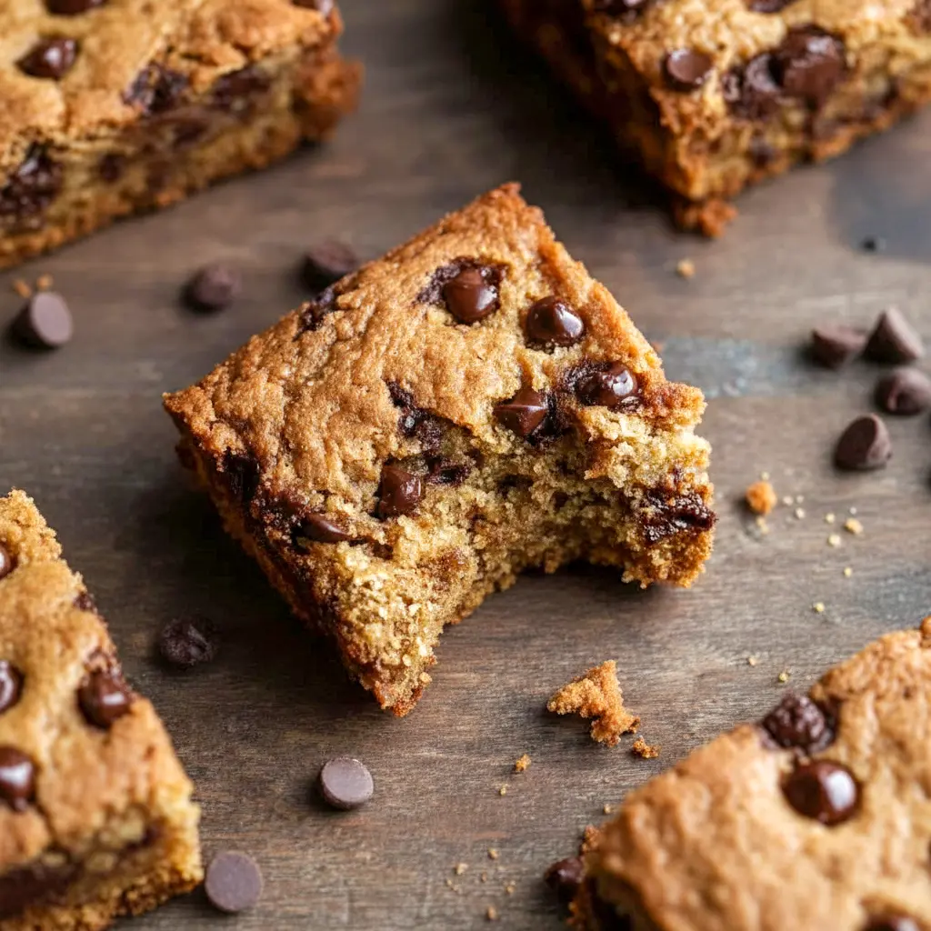 Banana Bread Blondies — golden, gooey bars studded with chocolate chips; perfect for using up ripe fruit.