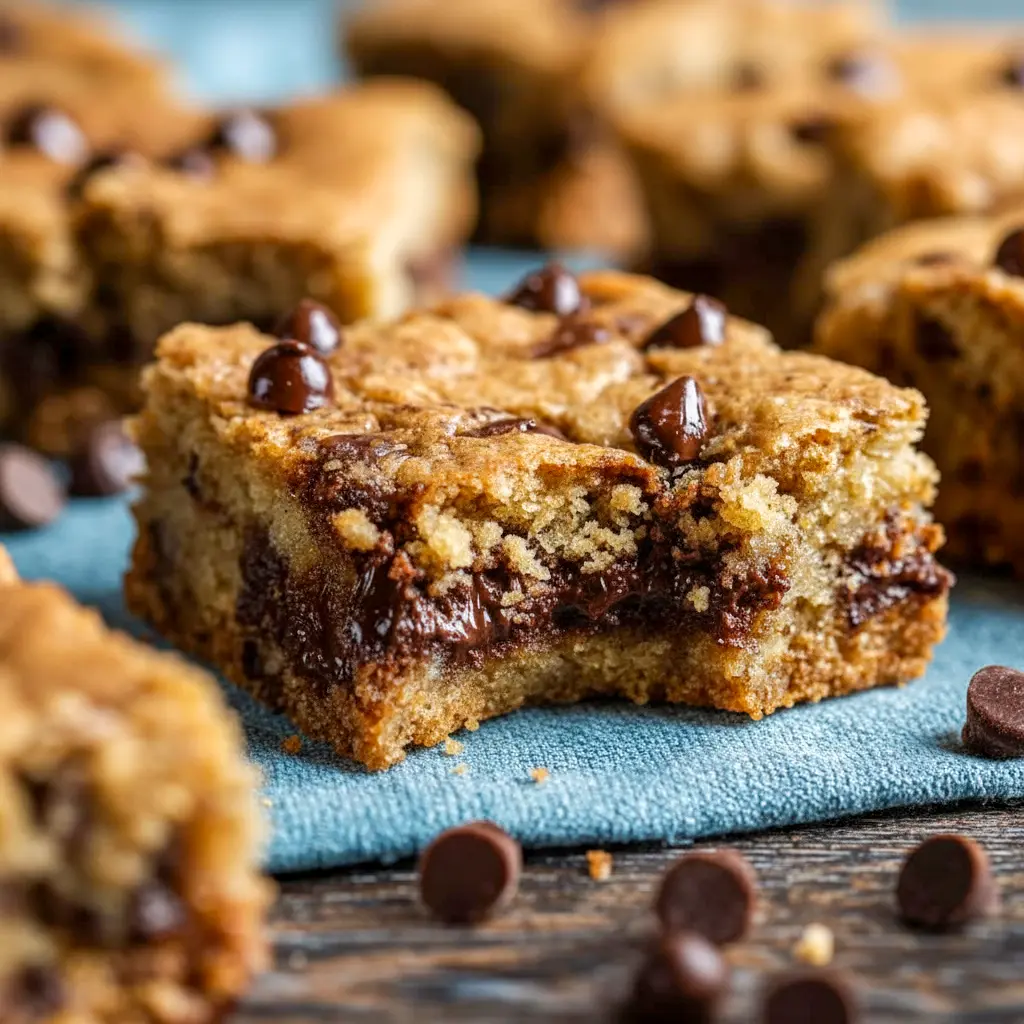 Banana Bread Blondies — golden, gooey bars studded with chocolate chips; perfect for using up ripe fruit.