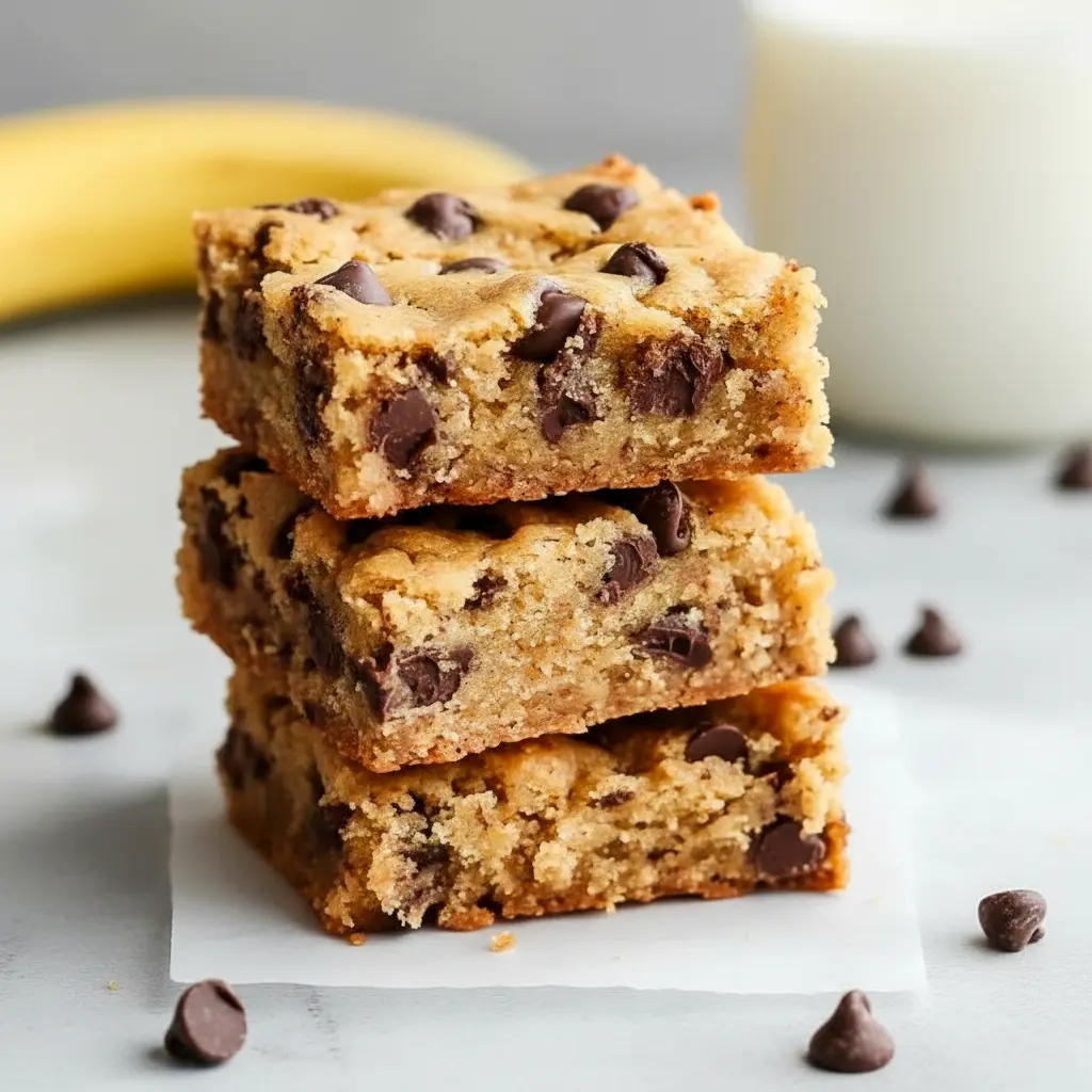 Banana Bread Blondies — golden, gooey bars studded with chocolate chips; perfect for using up ripe fruit.