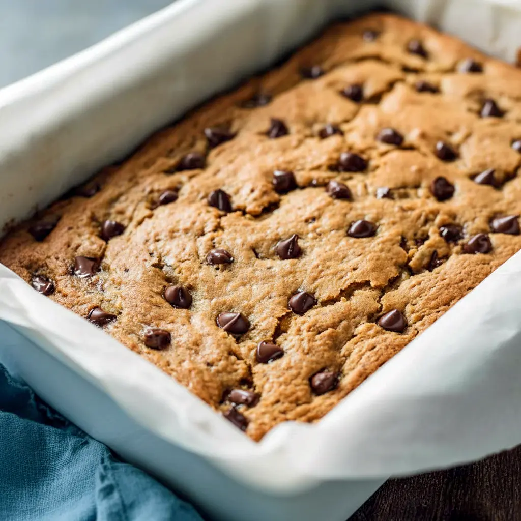Banana Bread Blondies — golden, gooey bars studded with chocolate chips; perfect for using up ripe fruit.