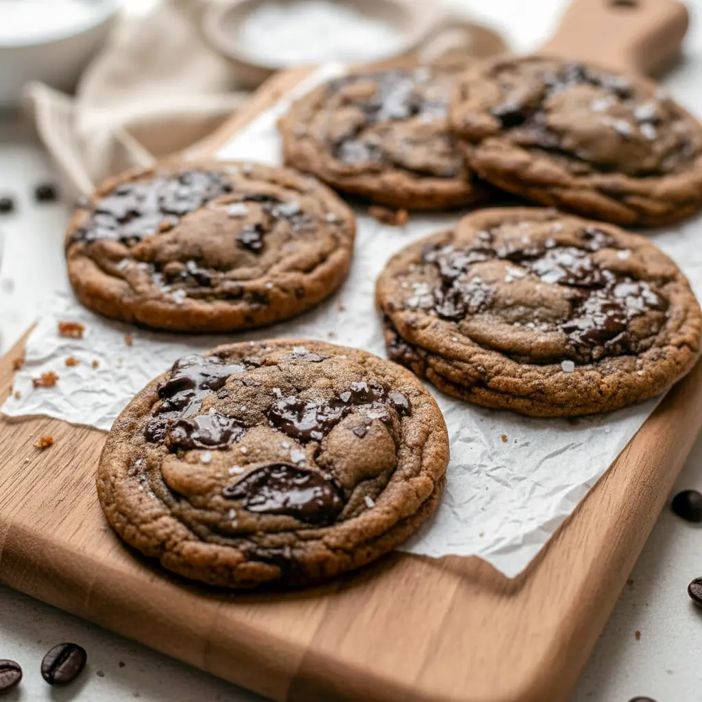 Overhead shot of warm Espresso Chocolate Chip Cookies on a cooling rack, melty chocolate chunks and a sprinkle of flaky sea salt visible.