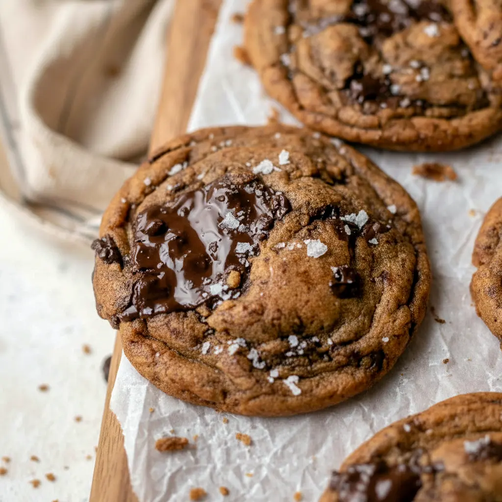 Overhead shot of warm Espresso Chocolate Chip Cookies on a cooling rack, melty chocolate chunks and a sprinkle of flaky sea salt visible.