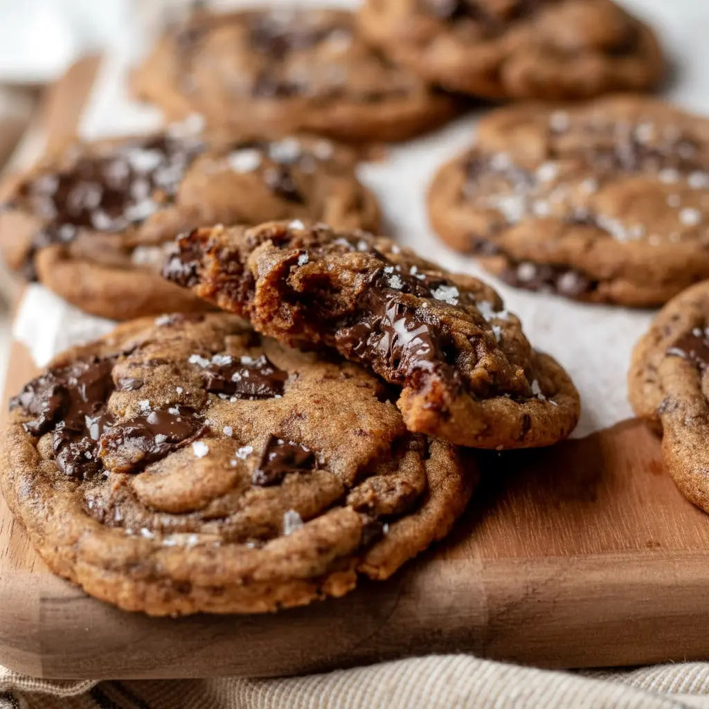 Overhead shot of warm Espresso Chocolate Chip Cookies on a cooling rack, melty chocolate chunks and a sprinkle of flaky sea salt visible.