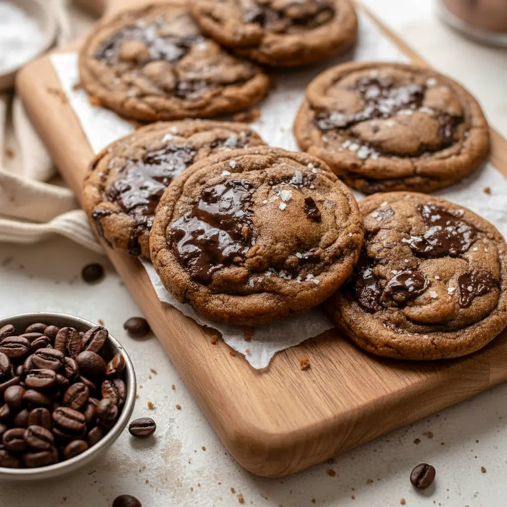 Overhead shot of warm Espresso Chocolate Chip Cookies on a cooling rack, melty chocolate chunks and a sprinkle of flaky sea salt visible.