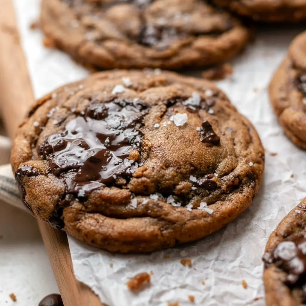 Overhead shot of warm Espresso Chocolate Chip Cookies on a cooling rack, melty chocolate chunks and a sprinkle of flaky sea salt visible.