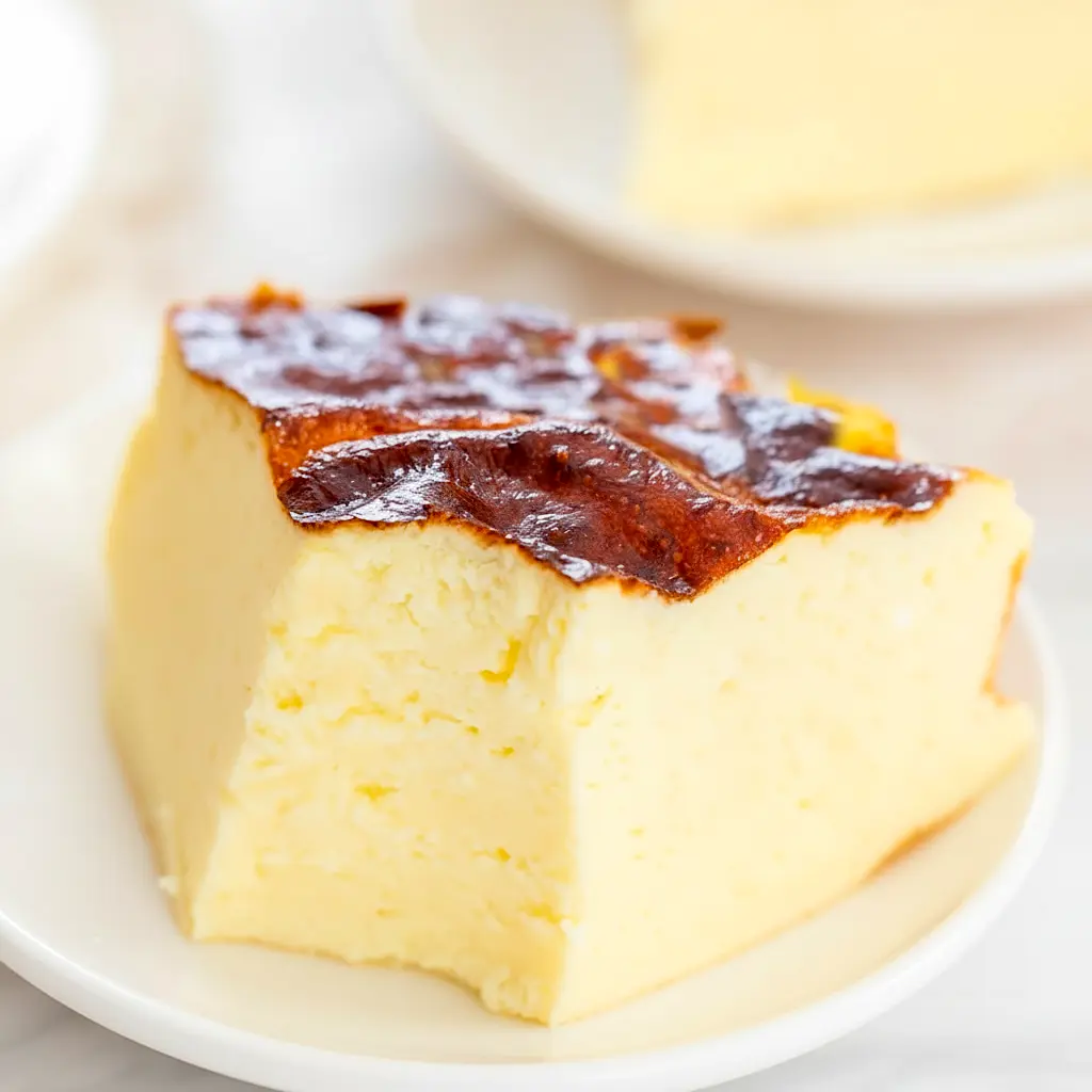 Slice of Creamy Yogurt Cake on a white plate, showing a smooth, custardy interior and a lightly caramelized top.