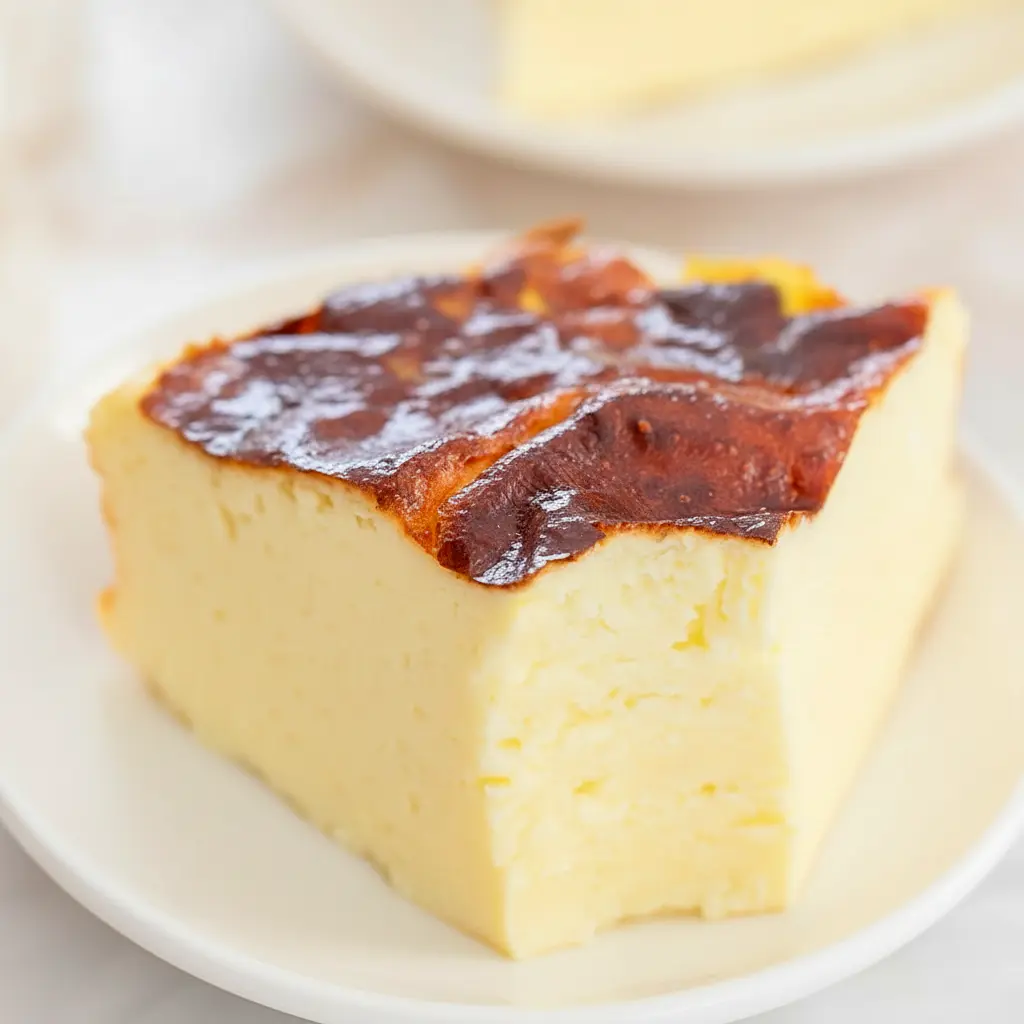 Slice of Creamy Yogurt Cake on a white plate, showing a smooth, custardy interior and a lightly caramelized top.