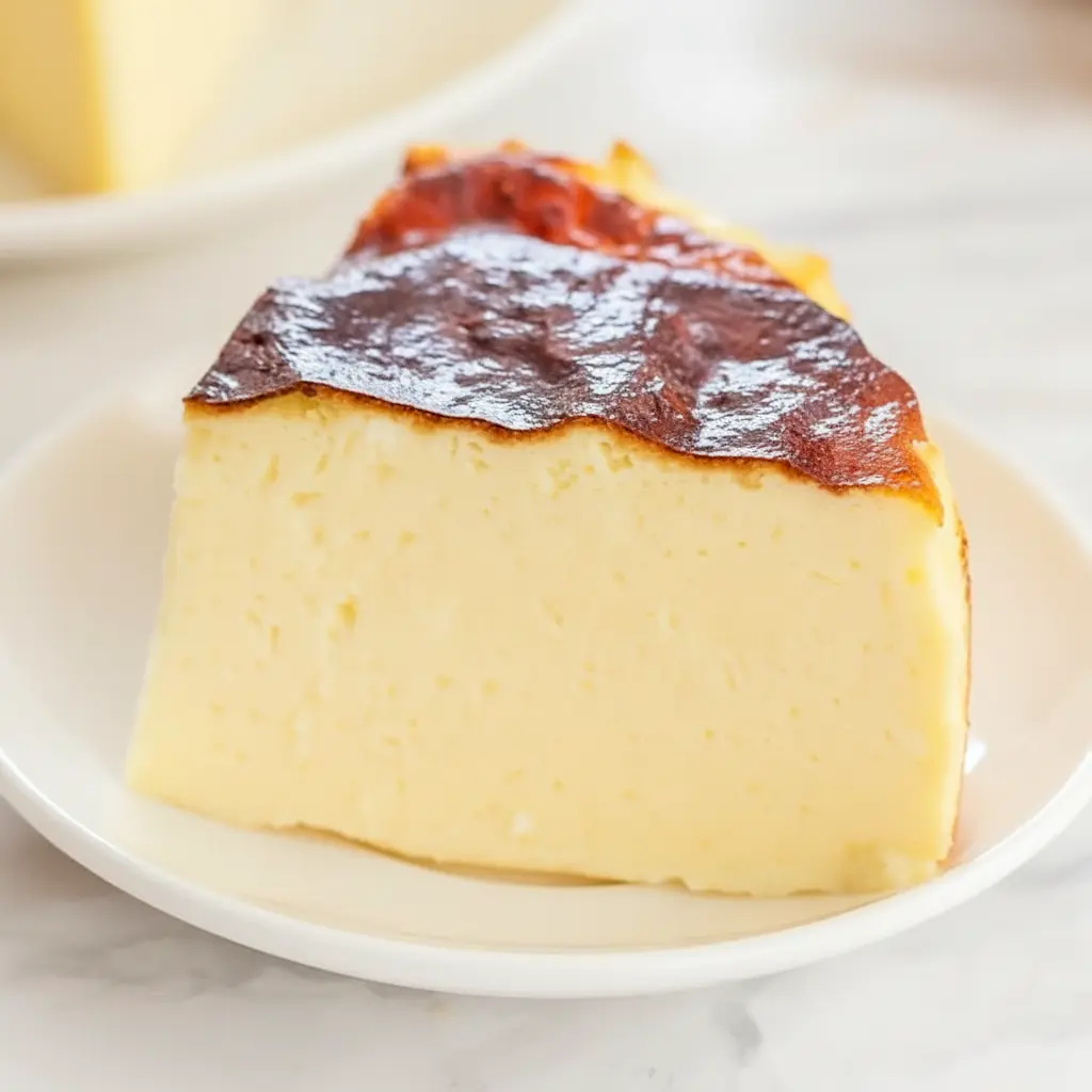 Slice of Creamy Yogurt Cake on a white plate, showing a smooth, custardy interior and a lightly caramelized top.