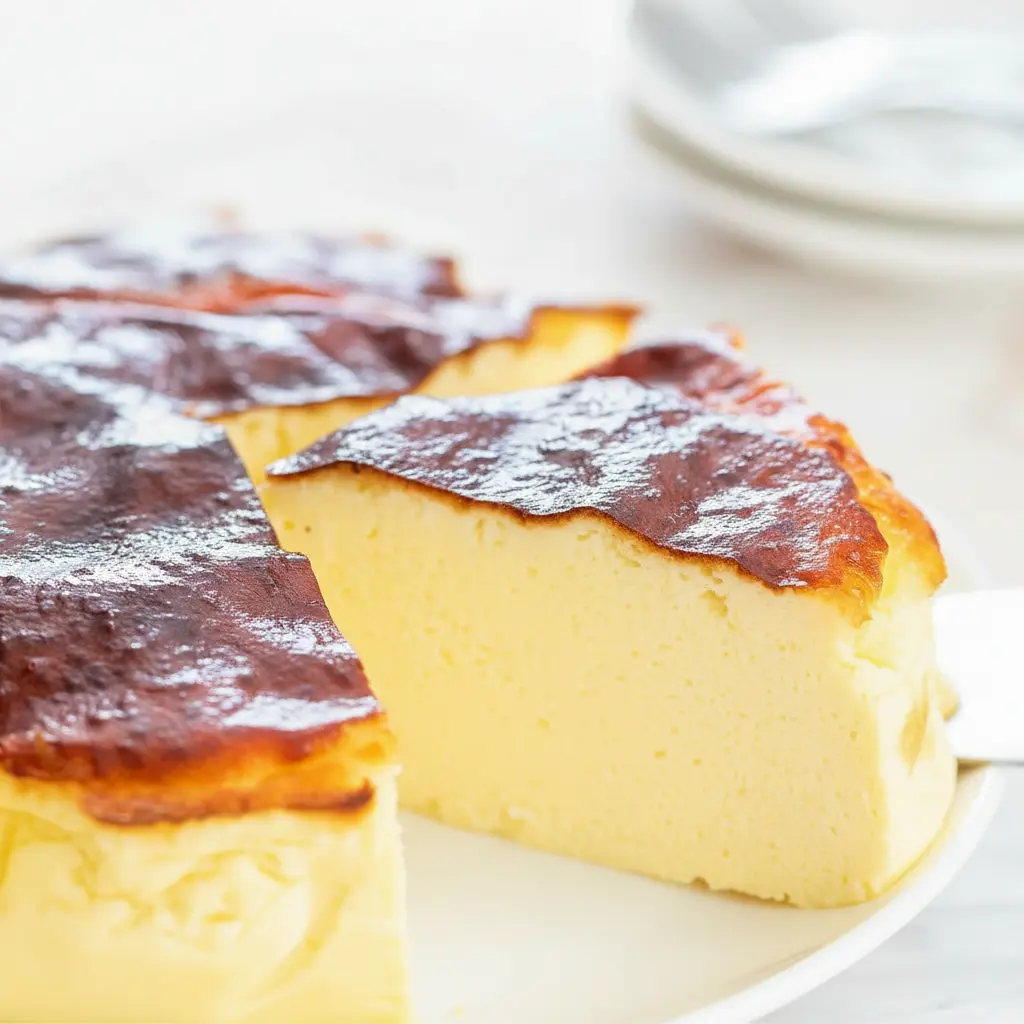 Slice of Creamy Yogurt Cake on a white plate, showing a smooth, custardy interior and a lightly caramelized top.