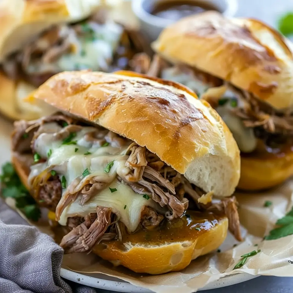 Crockpot French Dip Sandwiches served on toasted hoagie rolls with melted cheese and a bowl of au jus, perfect for Dinner Recipes Weeknight comfort food.