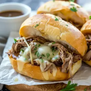 Crockpot French Dip Sandwiches served on toasted hoagie rolls with melted cheese and a bowl of au jus, perfect for Dinner Recipes Weeknight comfort food.
