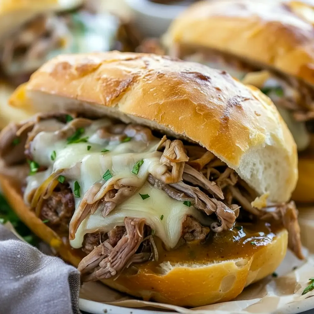 Crockpot French Dip Sandwiches served on toasted hoagie rolls with melted cheese and a bowl of au jus, perfect for Dinner Recipes Weeknight comfort food.