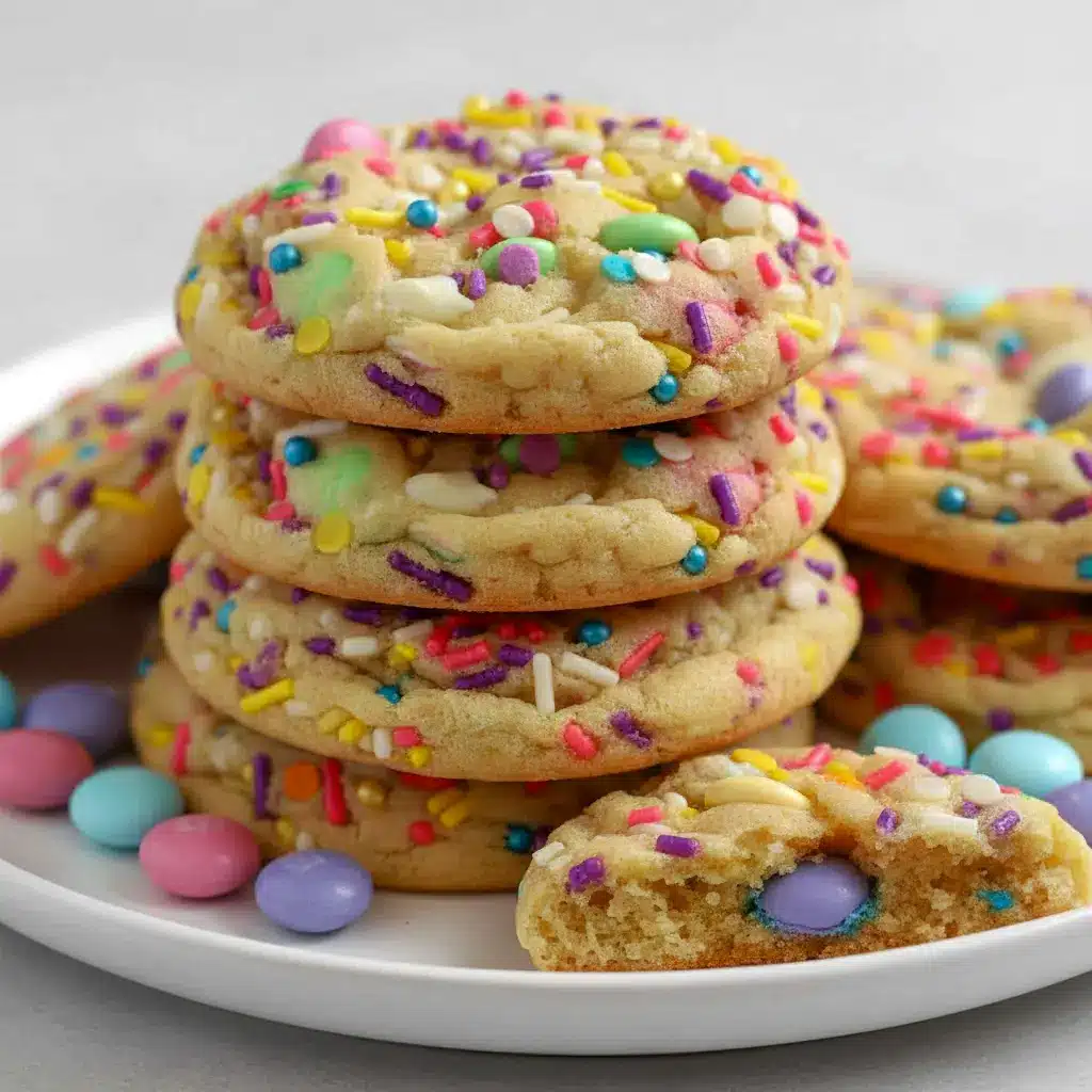 Close-up of Easter Cookies — pastel M&M-studded, white-chocolate pockets and sprinkle-topped rounds, a cheerful Easter Bakery Desserts option for spring parties and gift boxes.