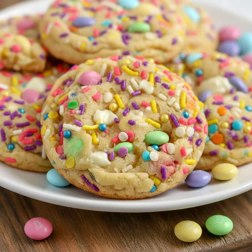 Close-up of Easter Cookies — pastel M&M-studded, white-chocolate pockets and sprinkle-topped rounds, a cheerful Easter Bakery Desserts option for spring parties and gift boxes.